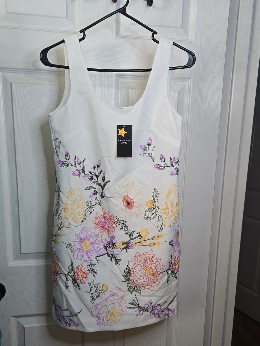 Tahari Floral Sheath Dress in White with Pastel Blooms